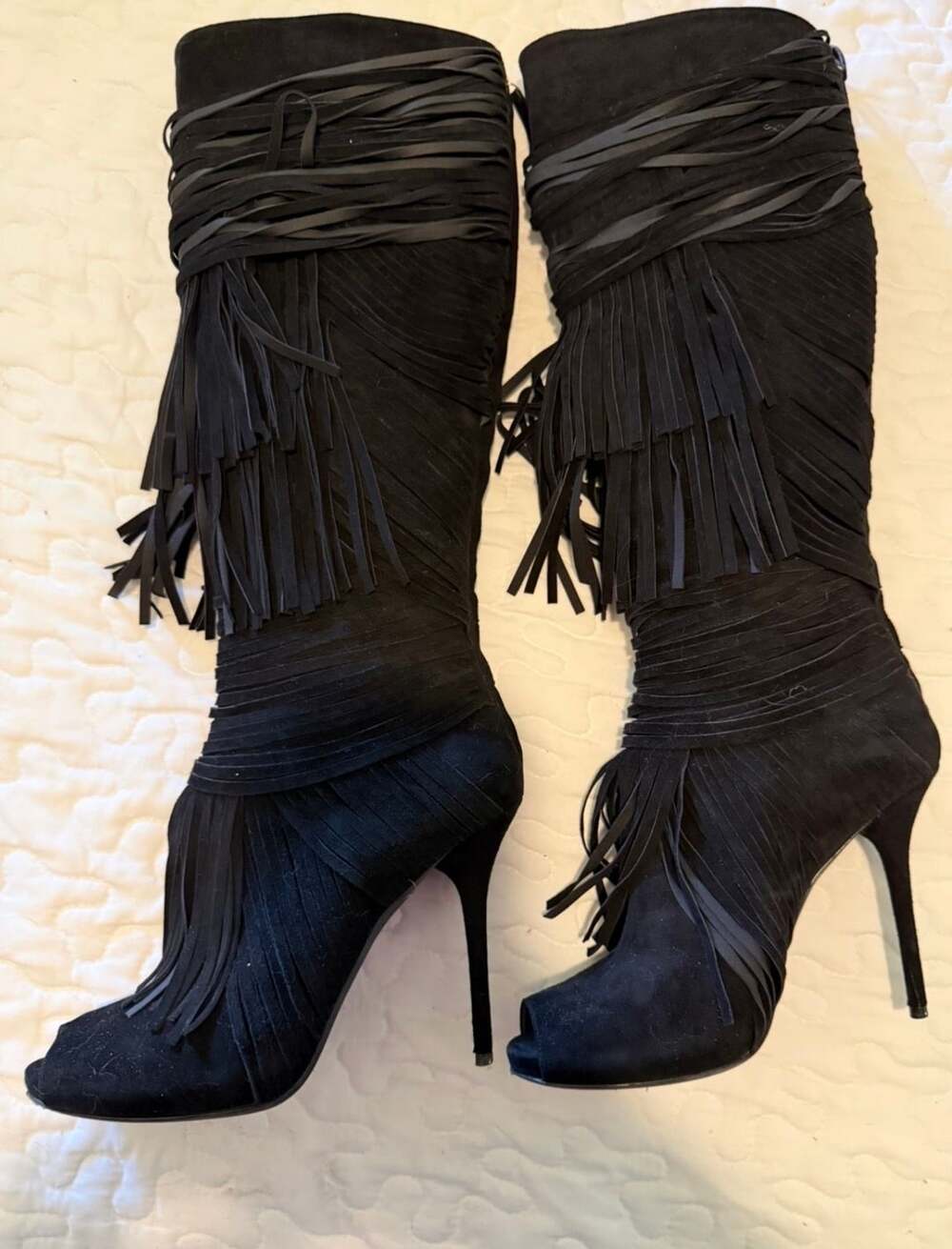 Gucci Becky Suede Fringe Peep Toe Boots